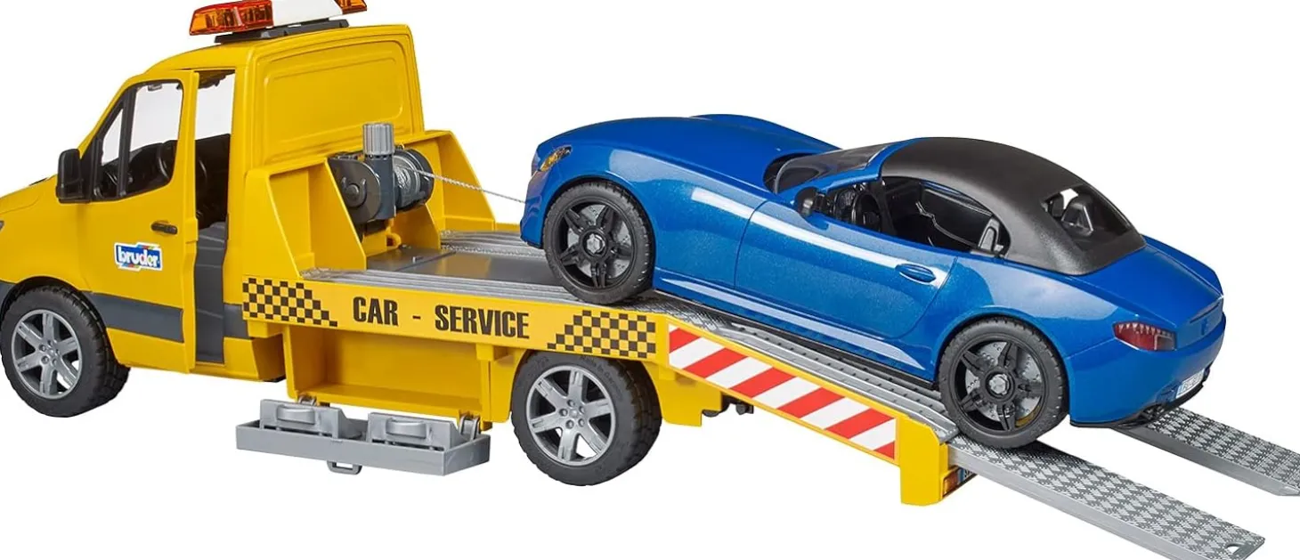 Bruder 02675 MB Sprinter Transporter Flatbed Tow Truck and Roadster, Light & Sound Module