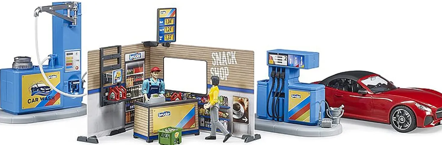 Bruder Gas Service Station with Shop, Car Wash, Roadster and Two Action Figures