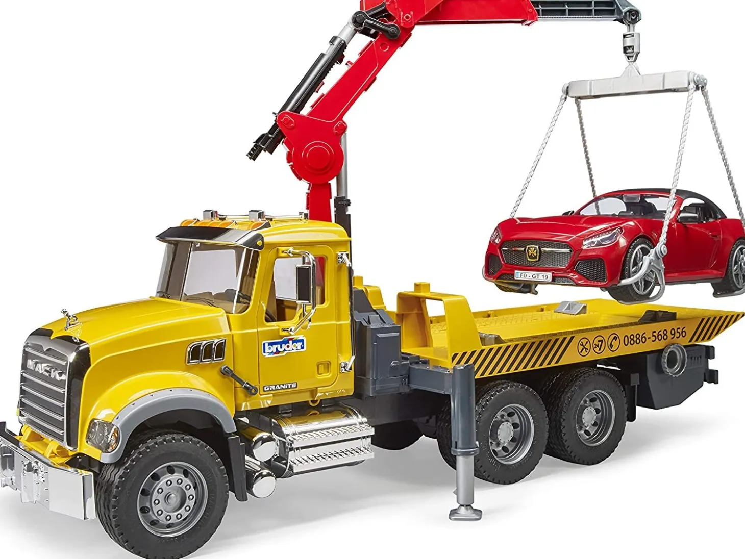Bruder MACK Granite Flat Bed Tow Truck with Bruder Roadster
