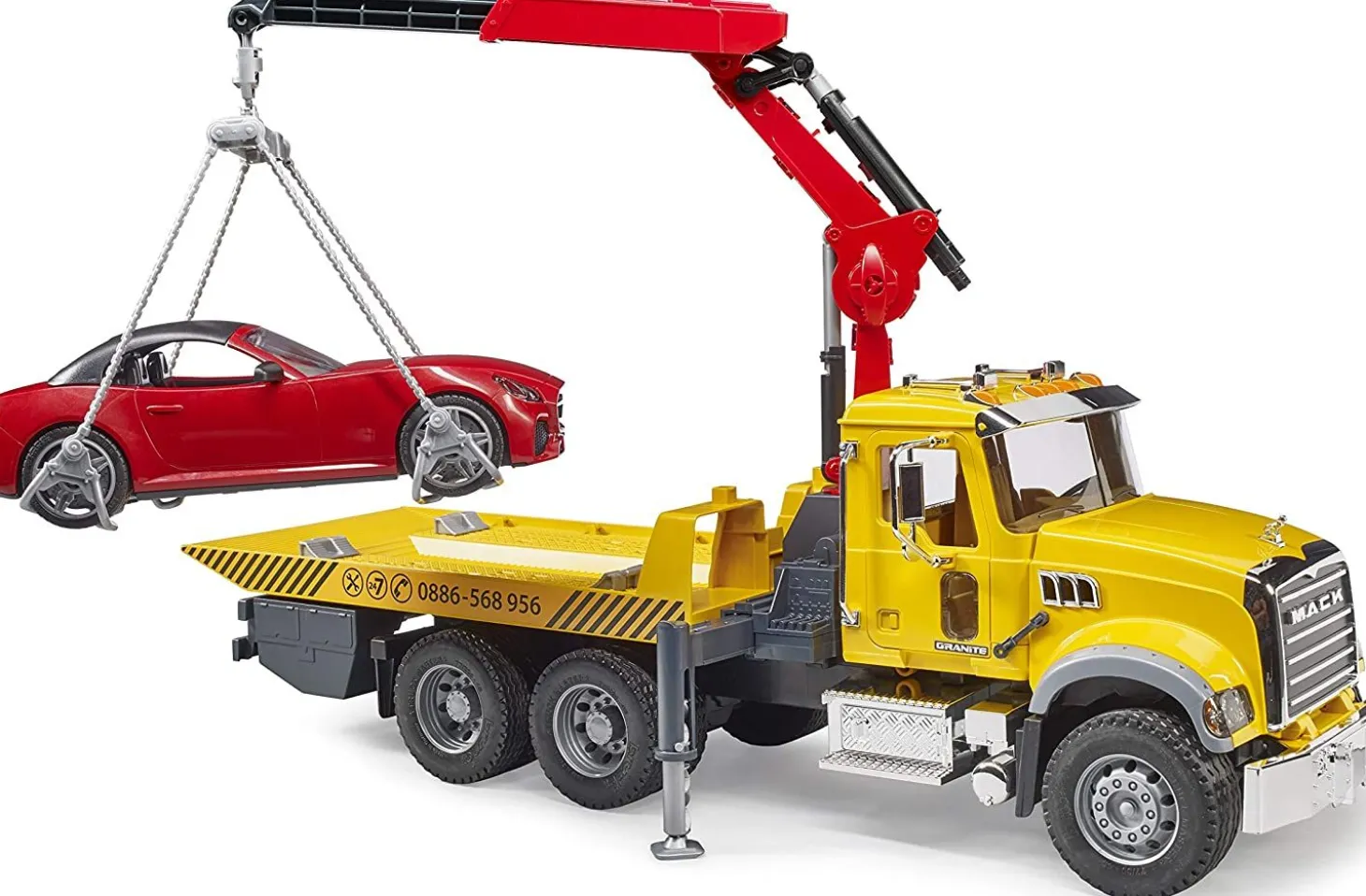 Bruder MACK Granite Flat Bed Tow Truck with Bruder Roadster