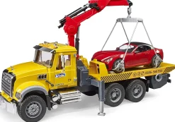 Bruder MACK Granite Flat Bed Tow Truck with Bruder Roadster
