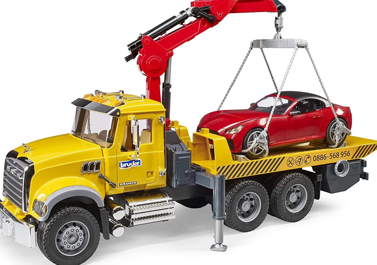 Bruder MACK Granite Flat Bed Tow Truck with Bruder Roadster