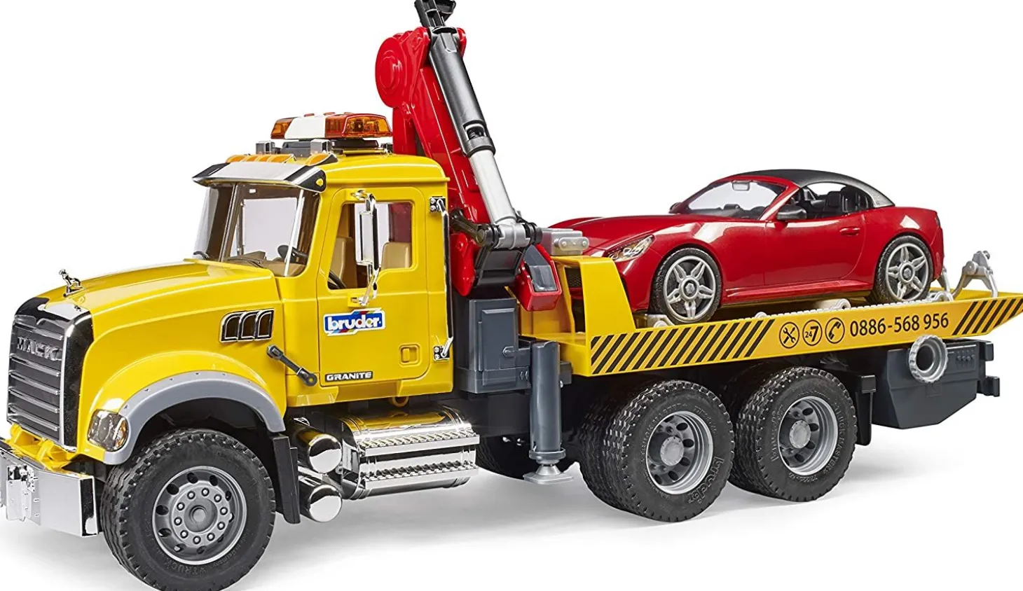 Bruder MACK Granite Flat Bed Tow Truck with Bruder Roadster