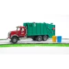 Bruder MACK Granite Garbage Truck, Ruby Red Cab, Green Garbage Box, 02812