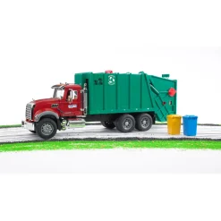 Bruder MACK Granite Garbage Truck, Ruby Red Cab, Green Garbage Box, 02812