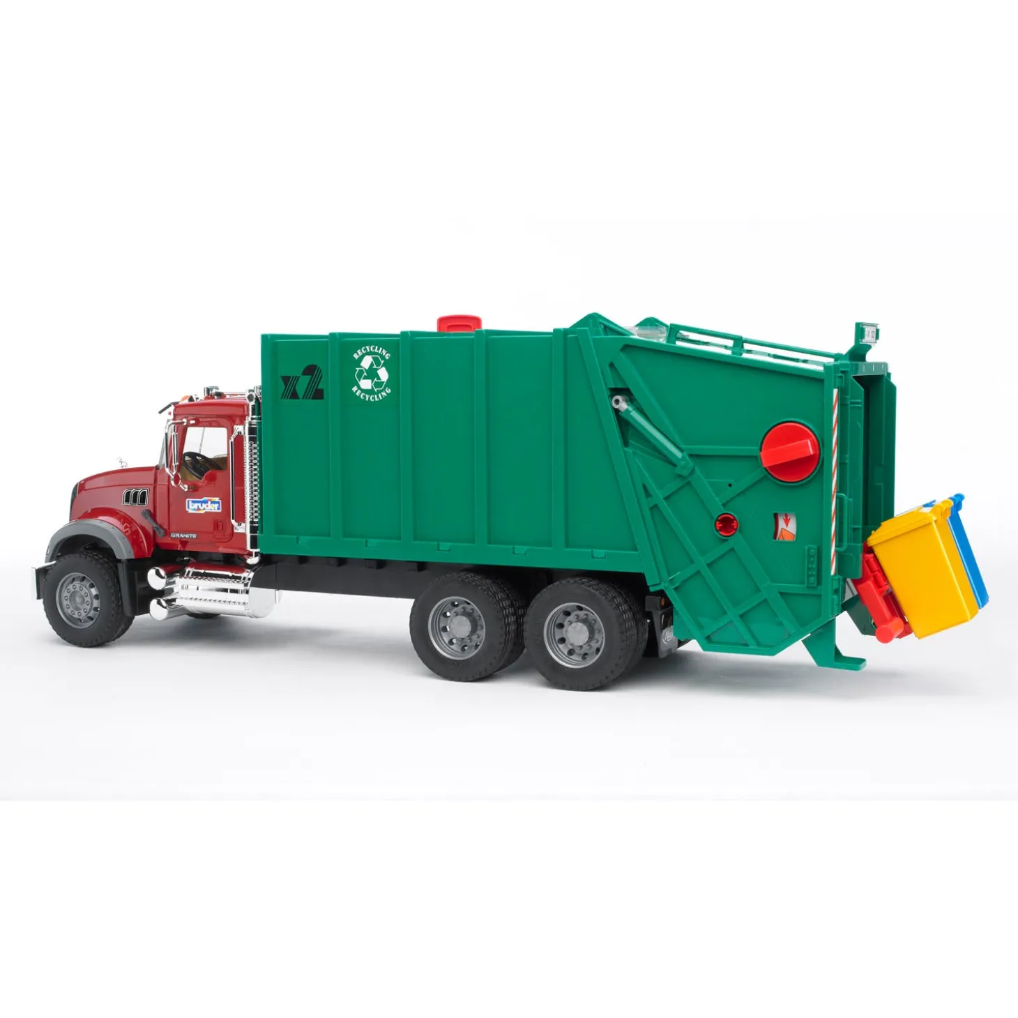 Bruder MACK Granite Garbage Truck, Ruby Red Cab, Green Garbage Box, 02812