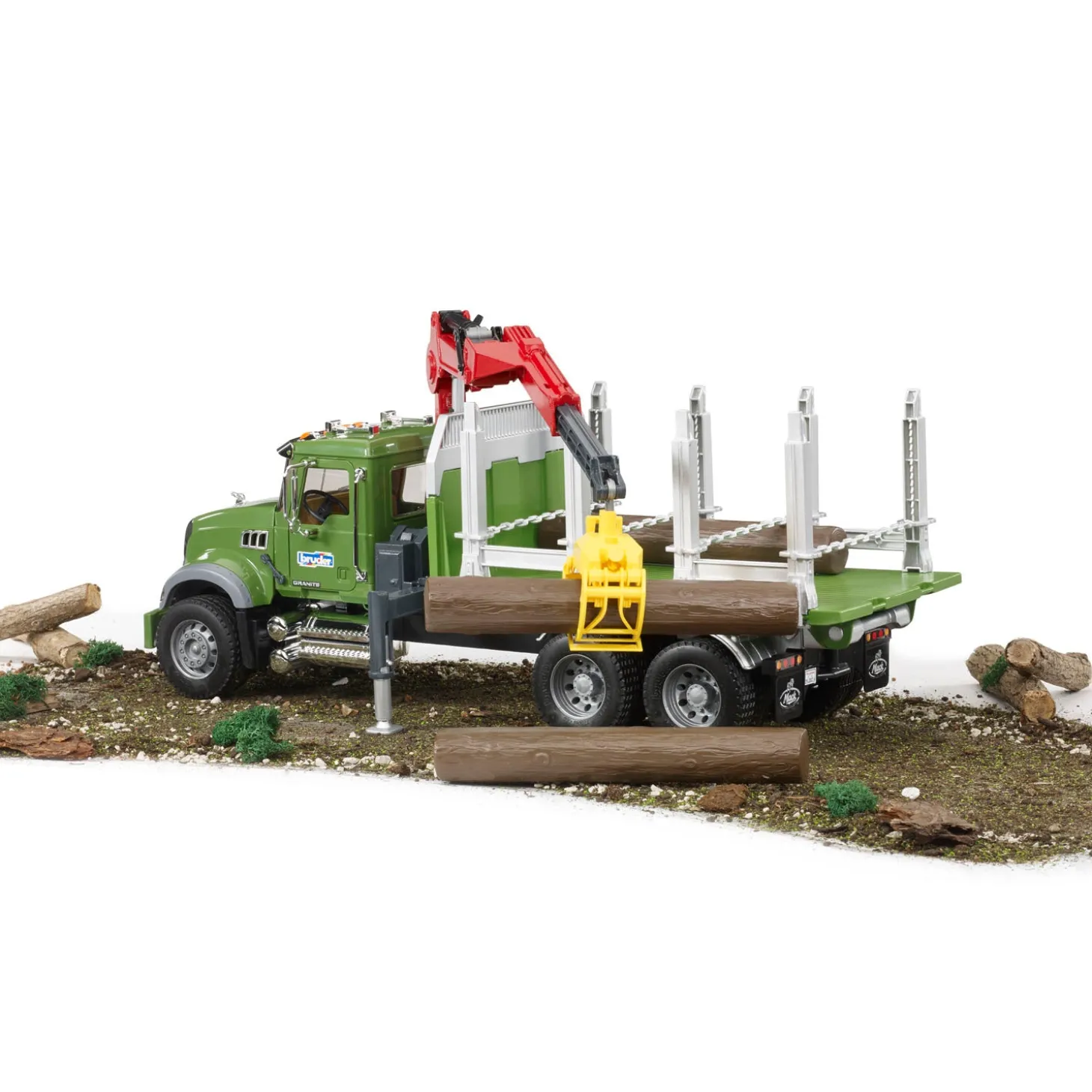 Bruder MACK Granite Timber Truck with Loading Crane and 3 Tree Trunk Logs, 02824