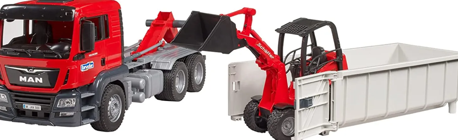Bruder MAN TGS Truck with Roll-off Container and Schaeffer Loader