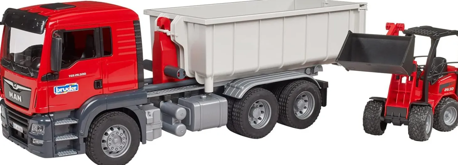 Bruder MAN TGS Truck with Roll-off Container and Schaeffer Loader