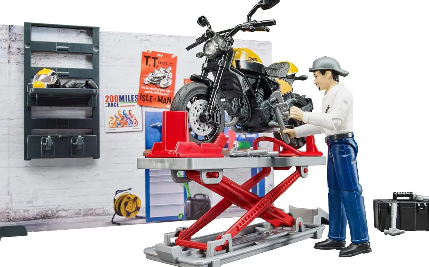 Bruder Motorcycle Service Shop with Scrambler Ducati Full Throttle and Action Figure