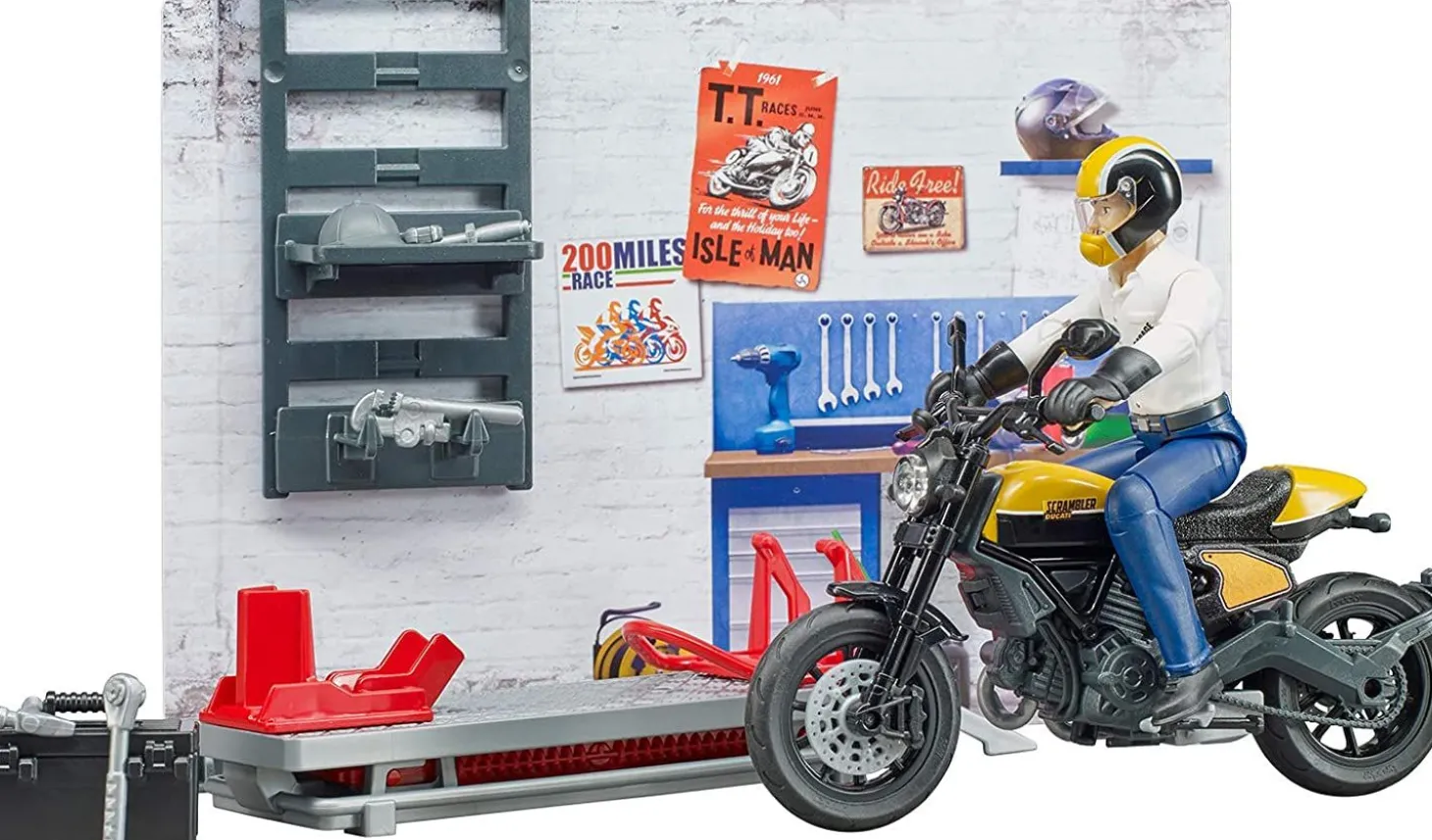 Bruder Motorcycle Service Shop with Scrambler Ducati Full Throttle and Action Figure
