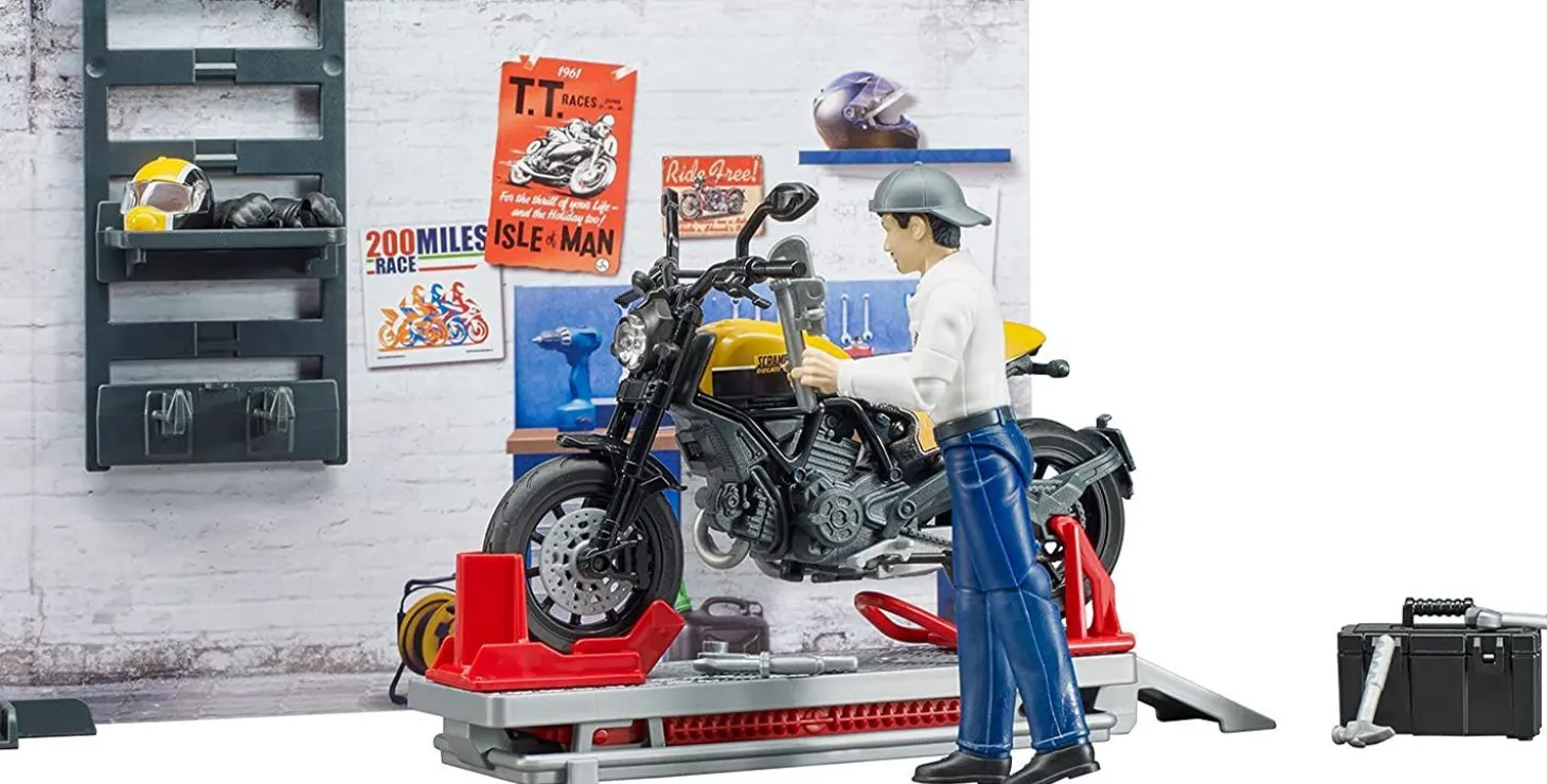 Bruder Motorcycle Service Shop with Scrambler Ducati Full Throttle and Action Figure