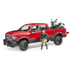 Bruder RAM 2500 Power Wagon with Scrambler Ducati Desert Sled Motorcycle and Driver